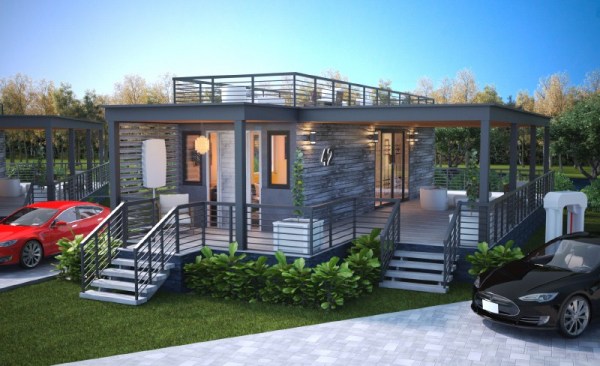 These Zero-energy ready Pearl Home™  houses come with a solar-panel rooftop and a Tesla