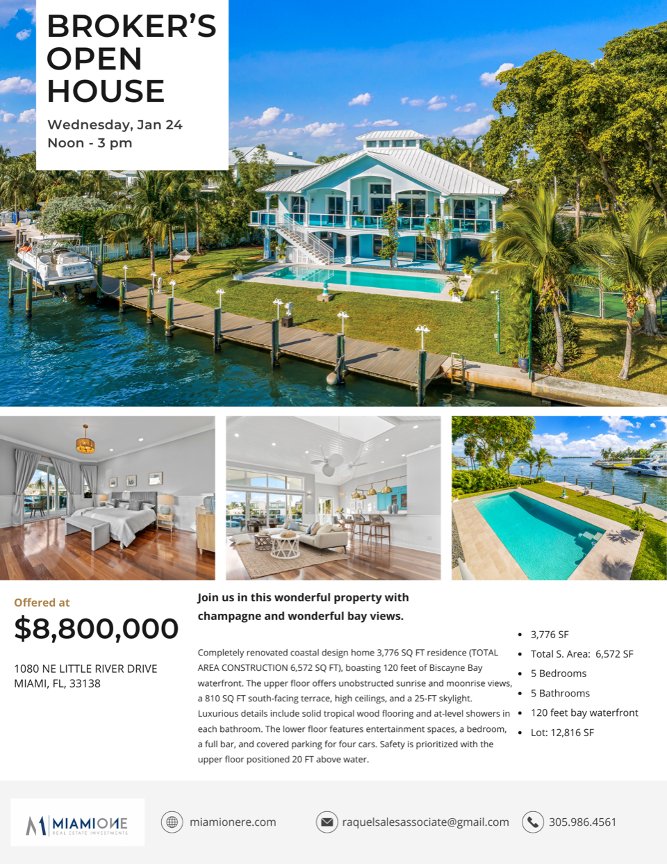 OPEN HOUSE 1/24/2024. Waterfront House FOR SALE at Belle Meade Miami – 120 Feet Dock