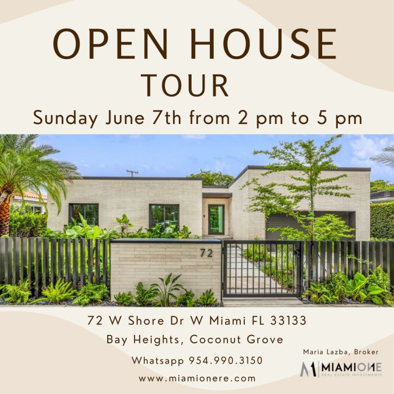 OPEN HOUSE in COCONUT GROVE JUNE 7TH 2pm to 5 pm